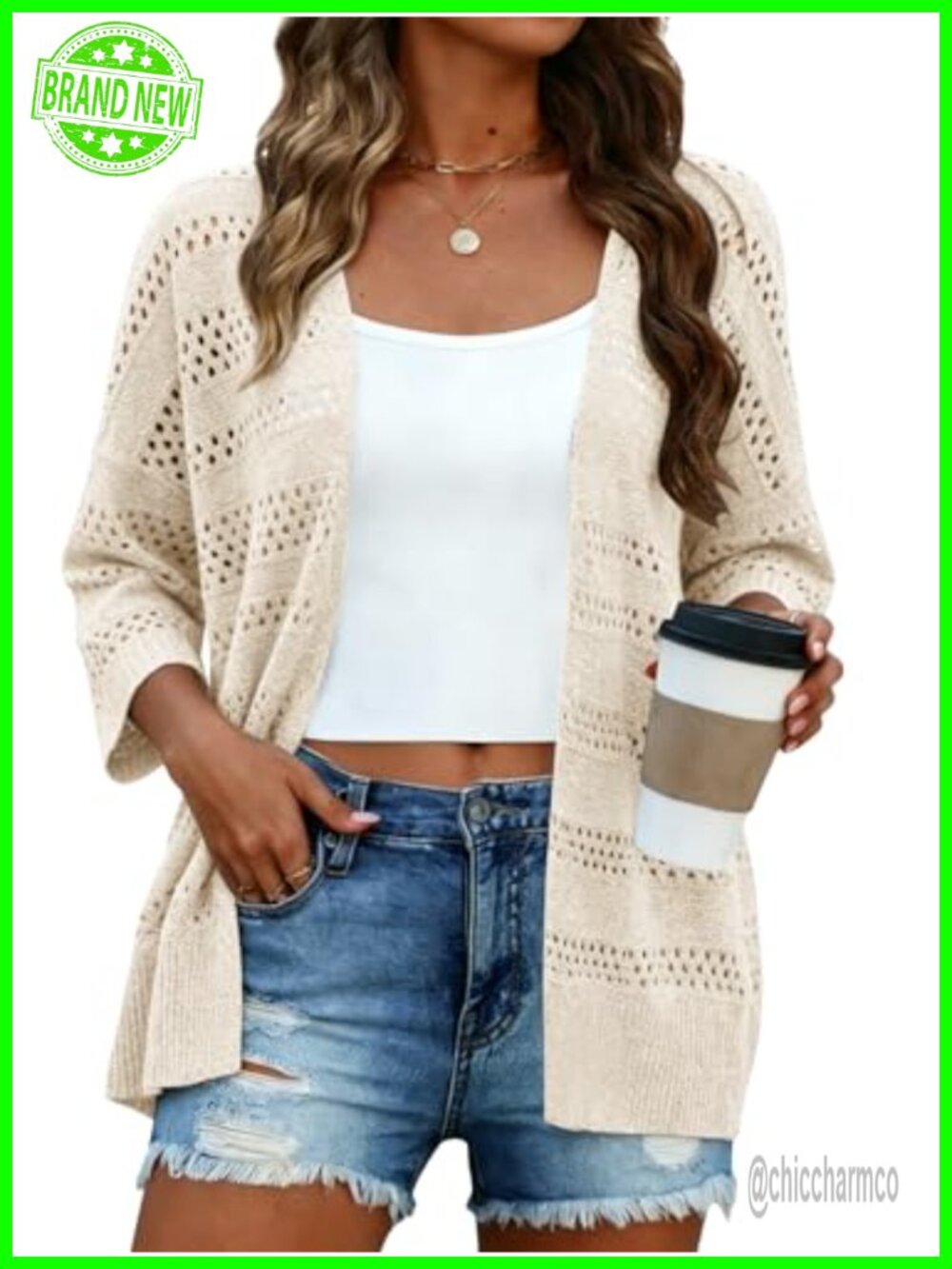 Women's Lightweight Crochet Open Front 3/4 Sleeve Cardigan Summer